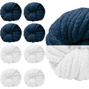SUNTQ 8 Pack Assorted Yarn - Bulky Chenille Fluffy for Crocheting, Knitting & Arm Knitting - 4 Navy Blue, 4 White (32 yds, 8.8 oz Each)