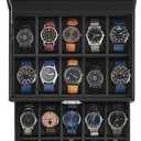 SONGMICS Watch Box, 20-Slot Watch Case Organizer with Large Glass Lid, Removable Pillows, Metal Lock, Gift for Loved Ones, Black Synthetic Leather, Black Lining UJWB020B01