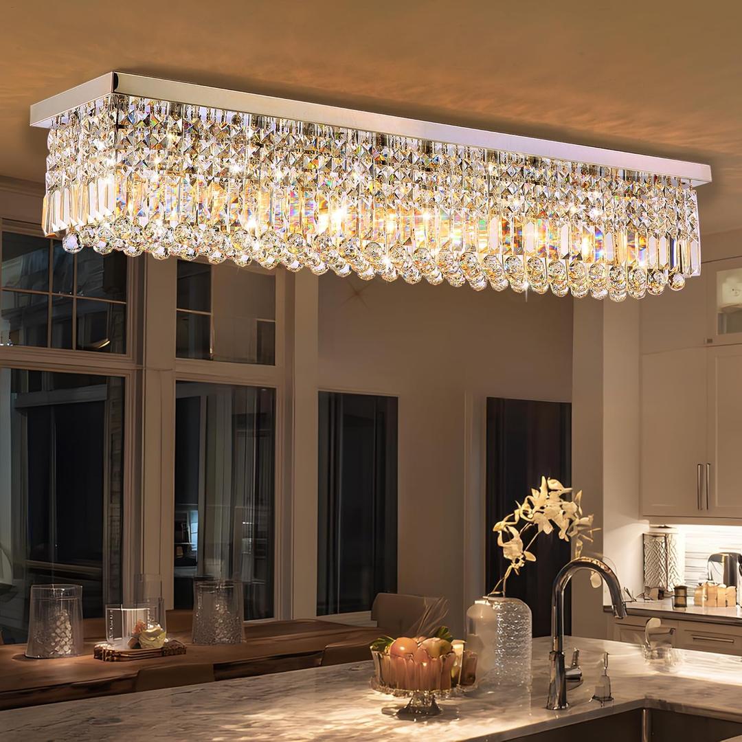 12-Lights Crystal Chandeliers Modern Crystal Rectangular Flush Mount Chandelier with Raindrop Crystals Pendant Light Fixture for Dining Dining Room Kitchen Dining Room Bedroom Bathroom Hotel, L47" x W10" x H10"