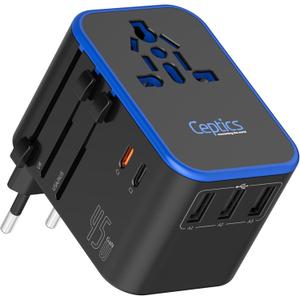 Universal Travel Adapter, 45W International Power Adapter with PD & QC 3.0 Dual USB-C, 3 USB Travel Adapter Worldwide, Type I C G A Outlets - EU Euro US UK (11-KU)