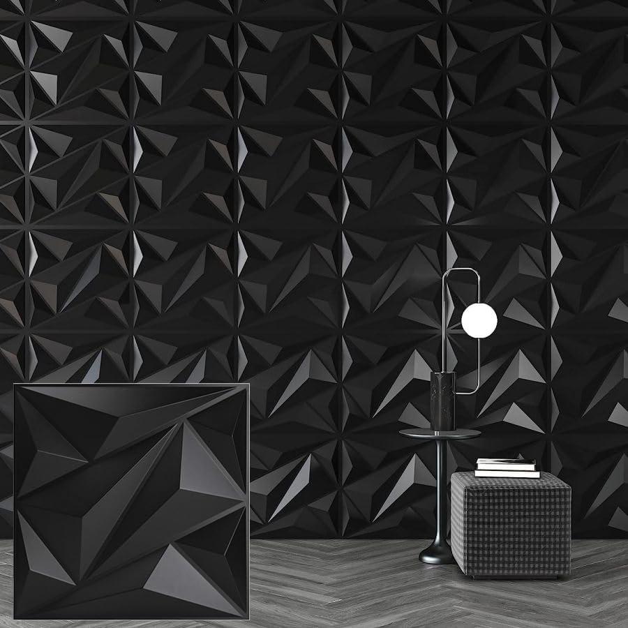 Heikki 30 Pack 3D Wall Panel for Interior Wall Dcor, PVC Flower Textured Wall Panels for Living Room Bedroom Hotel Office, 11.8"x11.8", Double-sided Tape (Black-DJZ)