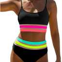 popvil Women's High Waisted Bikini Sets Neon Modest Two Piece Swimsuit 2026 Full Coverage Adjustable Straps Bathing Suit (Large, Black)
