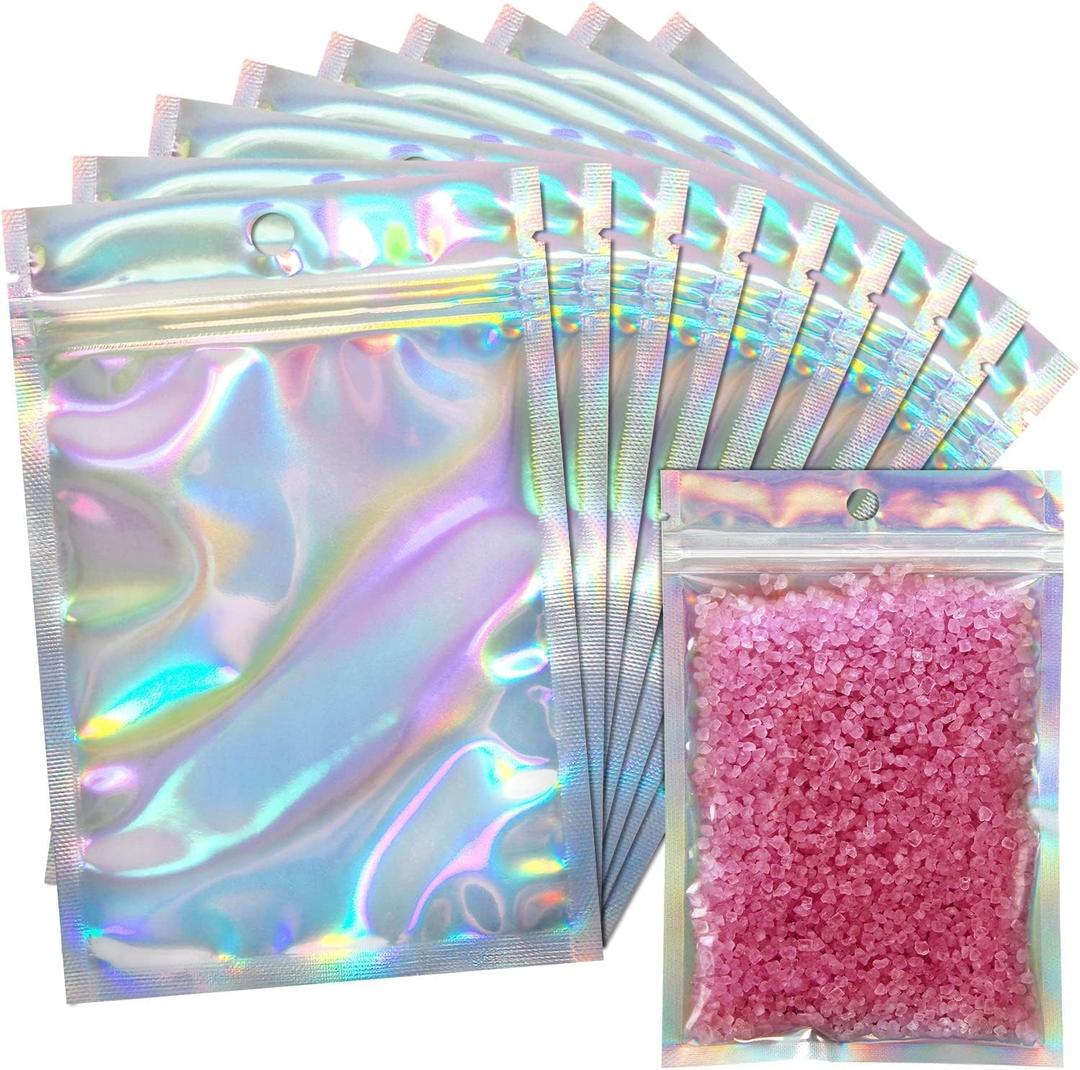 100 Pack Resealable Holographic Bags for Small Business, Iridescent Mylar Bags with Clear Front Smell Proof Foil Packing Pouches for Multipurpose Storage (5.5 X 7.9 inches)