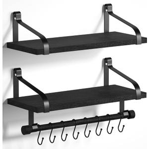 Love-KANKEI Floating Shelves for Coffee Bar,Bathroom Shelves with Towel Bar, Wall Shelves with 8 Hooks for Kitchen, Storage Shelf Set of 2 for Bedroom,Living Room17.3 Inch Black