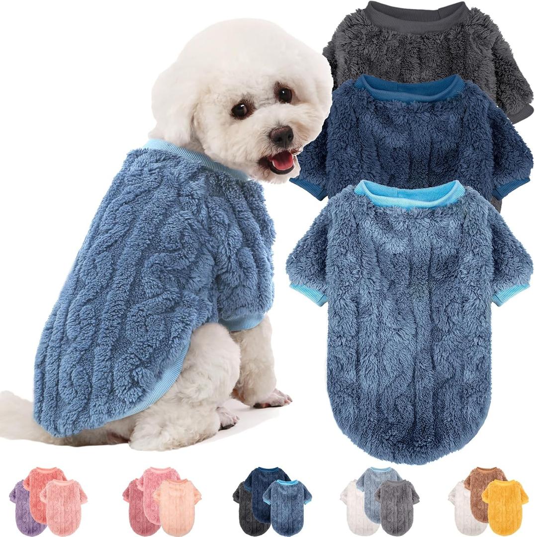 JAMPAYANG Dog Sweater, 3 Pack Dog Sweaters for Small Dogs or Cats, Girl or Boy, Warm Dog Clothes Shirt Coat for Winter Christmas (Blue, Dark Blue, Grey, Small)