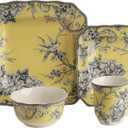 222 Fifth Adelaide Yellow 16-Piece Floral Porcelain Dinnerware Set | Microwave and Dishwasher Safe Dining Set for 4 | Stackable & Chip-Resistant Plates Bowls and Cups | Gift for Housewarming & Wedding
