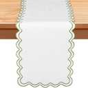 72 Inches Scalloped Edge Table Runner, Double Linen Fabric Table Runner Outdoor, Rustic Dining Decor for House Kitchen Coffee(Sage Green,White)