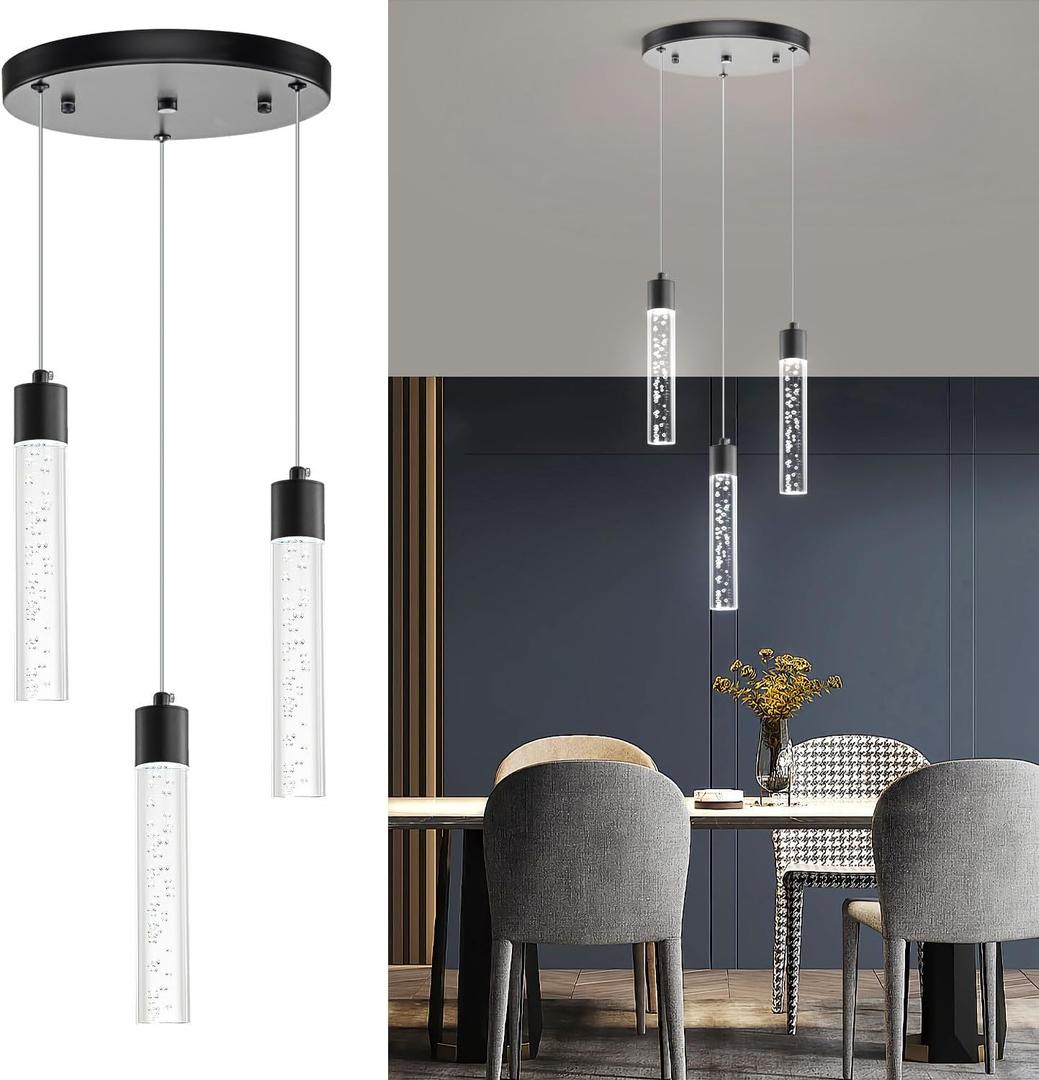 Pendant Lights Kitchen Island Hanging Light Fixture, LED Dining Room Light Fixture 3-Light Black 20W 6000K (9.8in)