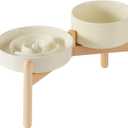 Ceramic 1.2 Cup Raised Slow Feeder Dog Bowl Set, Elevated 6.1inch Bowl and 7.3inch Puzzle Slow Food Dish with Wooden Stand for Medium and Small Dog, Anti-Gulping (2 x Beige+ Stand)