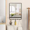 Wall Mirror with Shelf and Hooks,Vanity Mirror with Hooks, 21 X 28 inch Metal Framed Bathroom Mirror with Shelf for Bathroom, Entryway, Bedroom, Living Room (Black, 21" x 28")