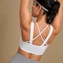 Strappy Sports Bra Criss Cross Back Padded Workout Bra with Wide Band Medium Support Yoga and Running Bra for Women (White, L)