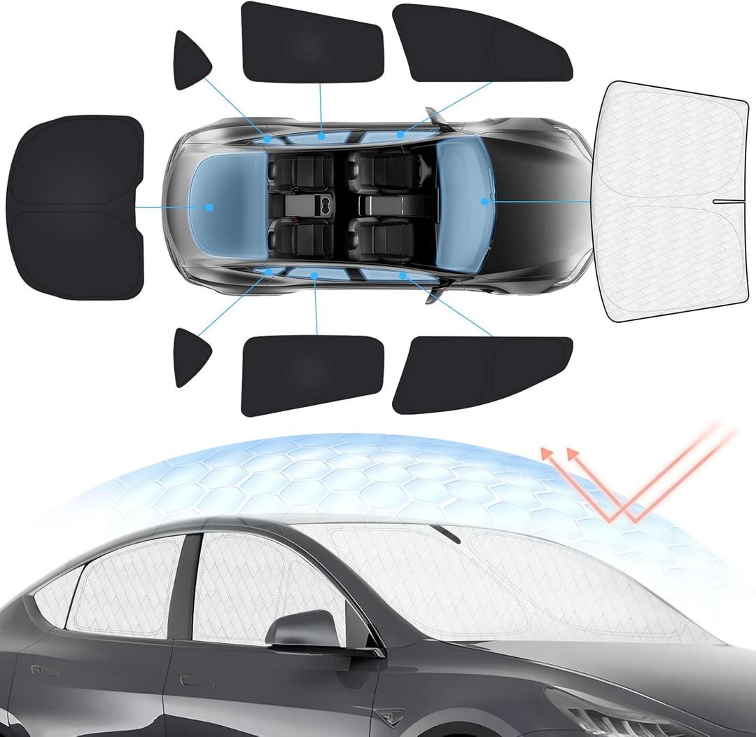 8PC Window Shades for Tesla Model Y 2020-2025,Full Windshield Side Window Shades Cover for Model Y Accessories,Privacy&Cooling for Camping,Travel,Heat&UV Blocking