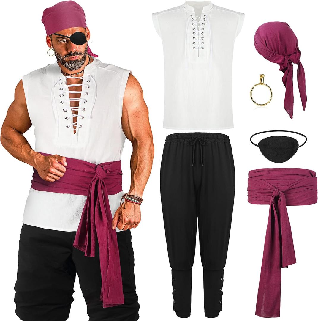 Boyiee 6 Pcs Mens Pirate Costume Medieval Renaissance Viking Shirt Ankle Banded Pants Pirate Accessories for Carnival Outfit (Medium)