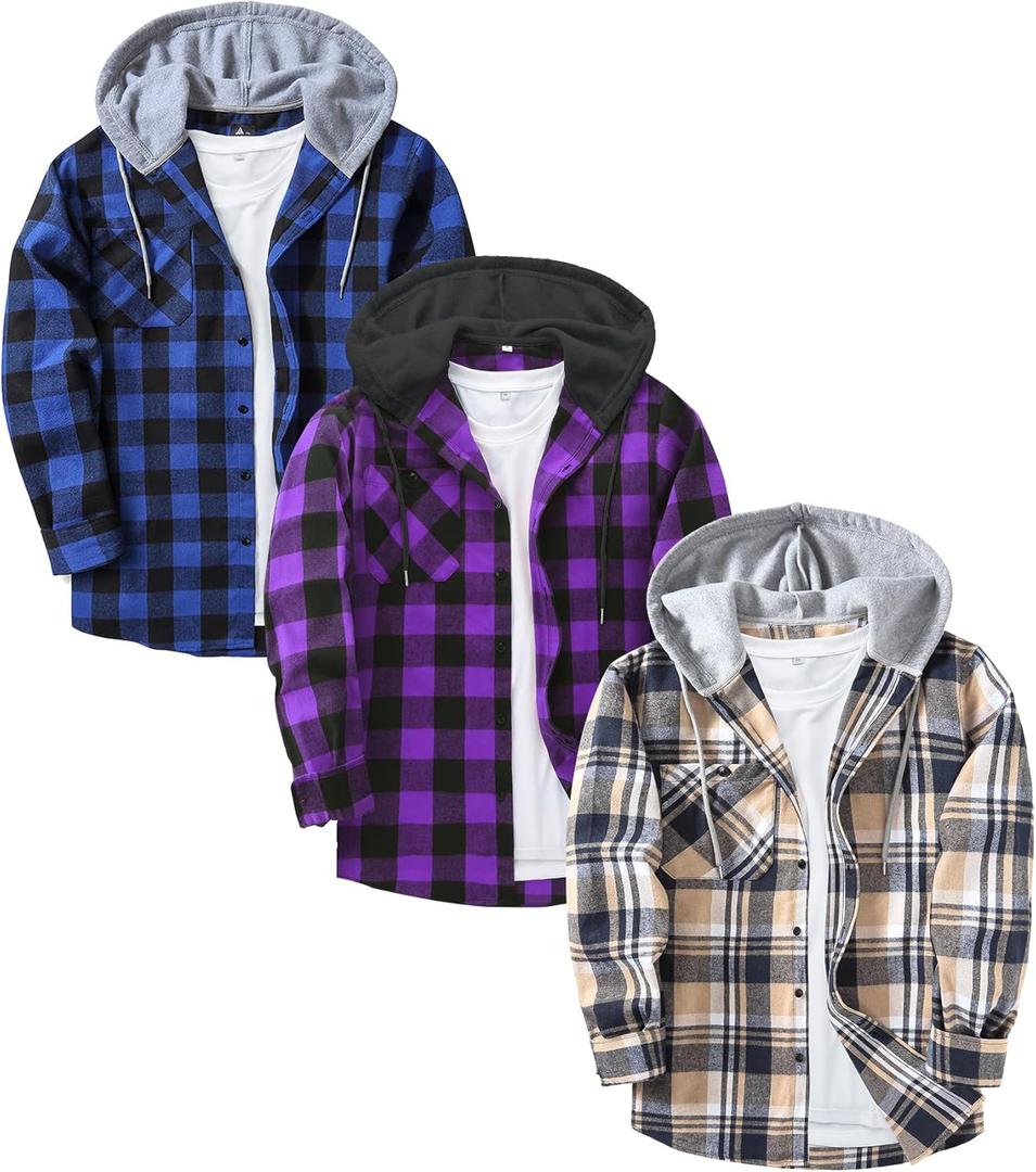 ZITY 3 Pack Men's Flannel Hoodie Shirts Long Sleeve Casual Vintage Button Down Plaid Shirt Jacket with Pocket (X-Large, Deepbluebeige Blackpurple Blue)