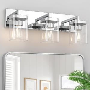 Chrome Bathroom Vanity Light, Square Design 3 Lights Morden Vanity Lighting Fixtures Over Mirror, Bathroom Light Fixtures for Living Room/Bedroom