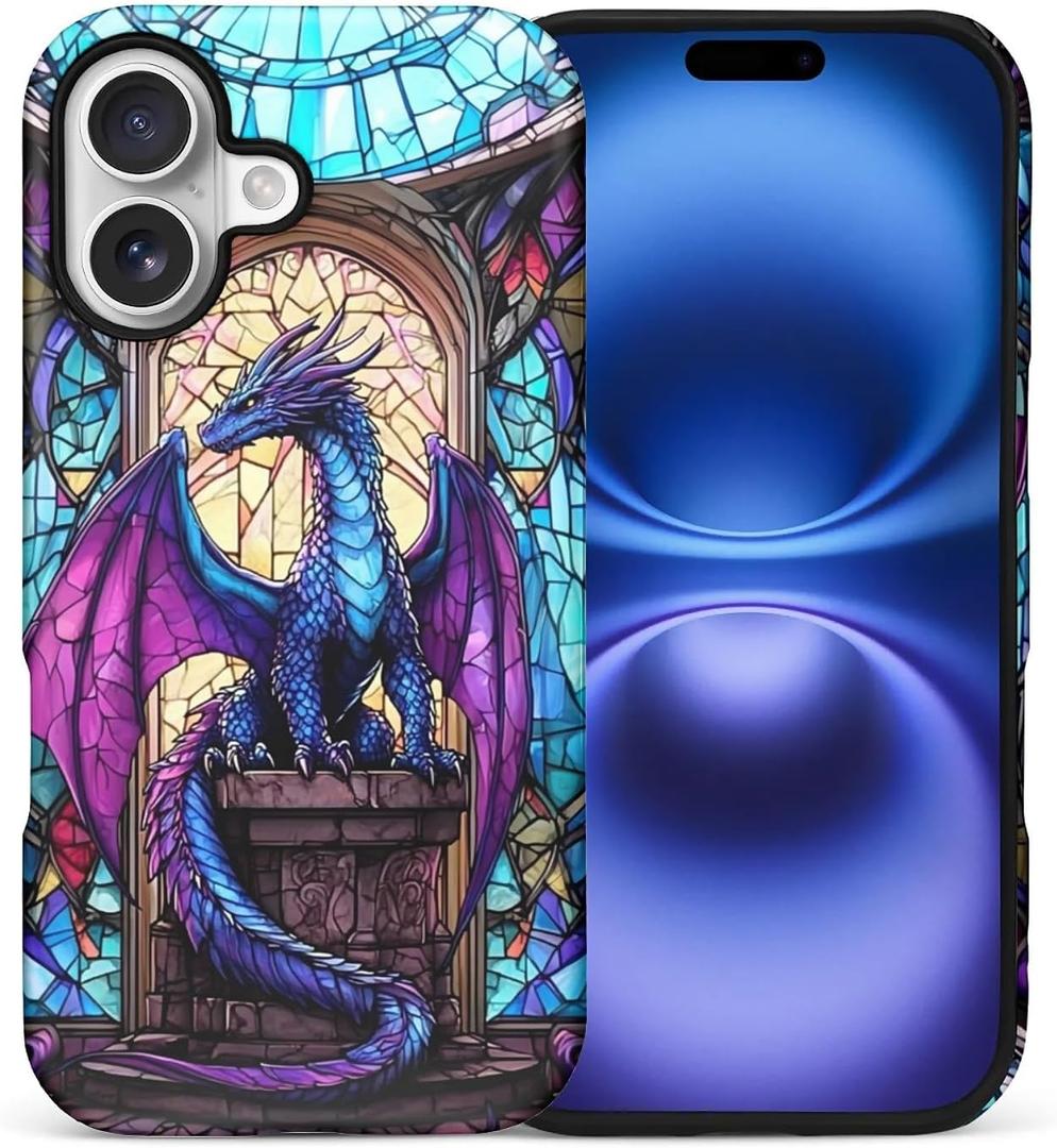 Compatible with iPhone 17 Matte Case for Girl Boy Full Body Design Soft Silicone Drop Shock Scratch Protection Crazy Pattern Blue Purple Diamond Dragon Stained Glass