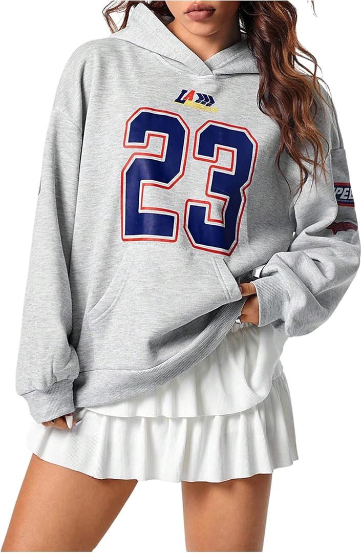 SOLY HUX Hoodies for Women Number Graphic Hooded Sweatshirt Drop Shoulder Long Sleeve Y2k Pullover Tops, Grey Letter, X-Small