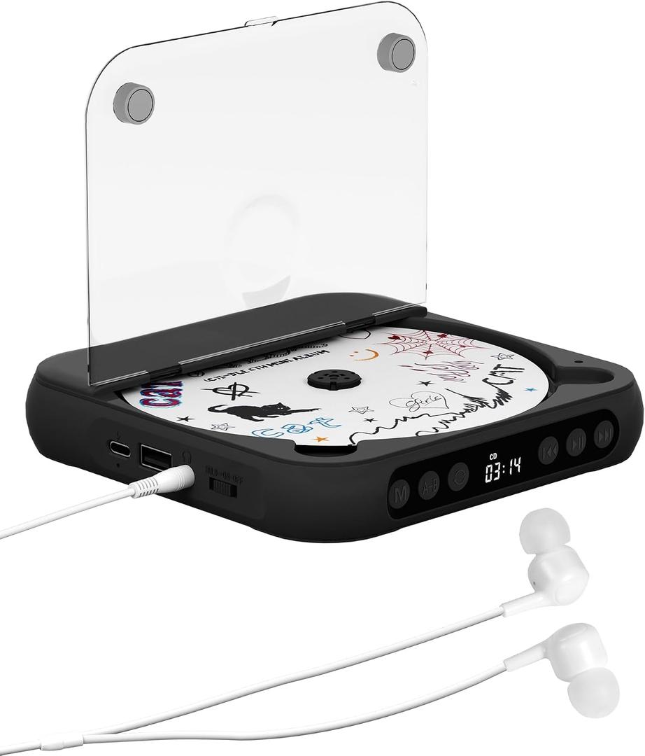 ENVYCLOUD CD Player Portable with Dual Stereo Speakers, Rechargeable Portable CD Player with Bluetooth for Home with Headphones,Black