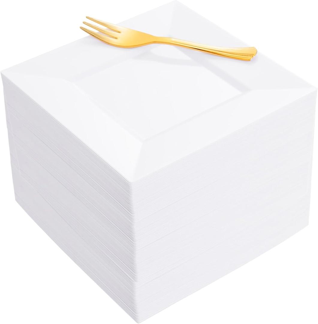 200 Pcs Elegant Square White Plastic Dessert Plates & Gold Forks Set - 100 Disposable Appetizer Plates and 100 Forks Combo - 6.5" Heavy Duty Cake Plates for Wedding, Party & Catering - BPA-Free