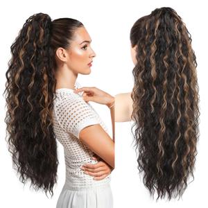 REECHO Ponytail Extension 30" Long Claw Clip Ponytail Extension for Women Curly Pony Tails Hair Extensions Clip in Synthetic Hairpiece for Women, Dark Chocolate Brown with Highlights