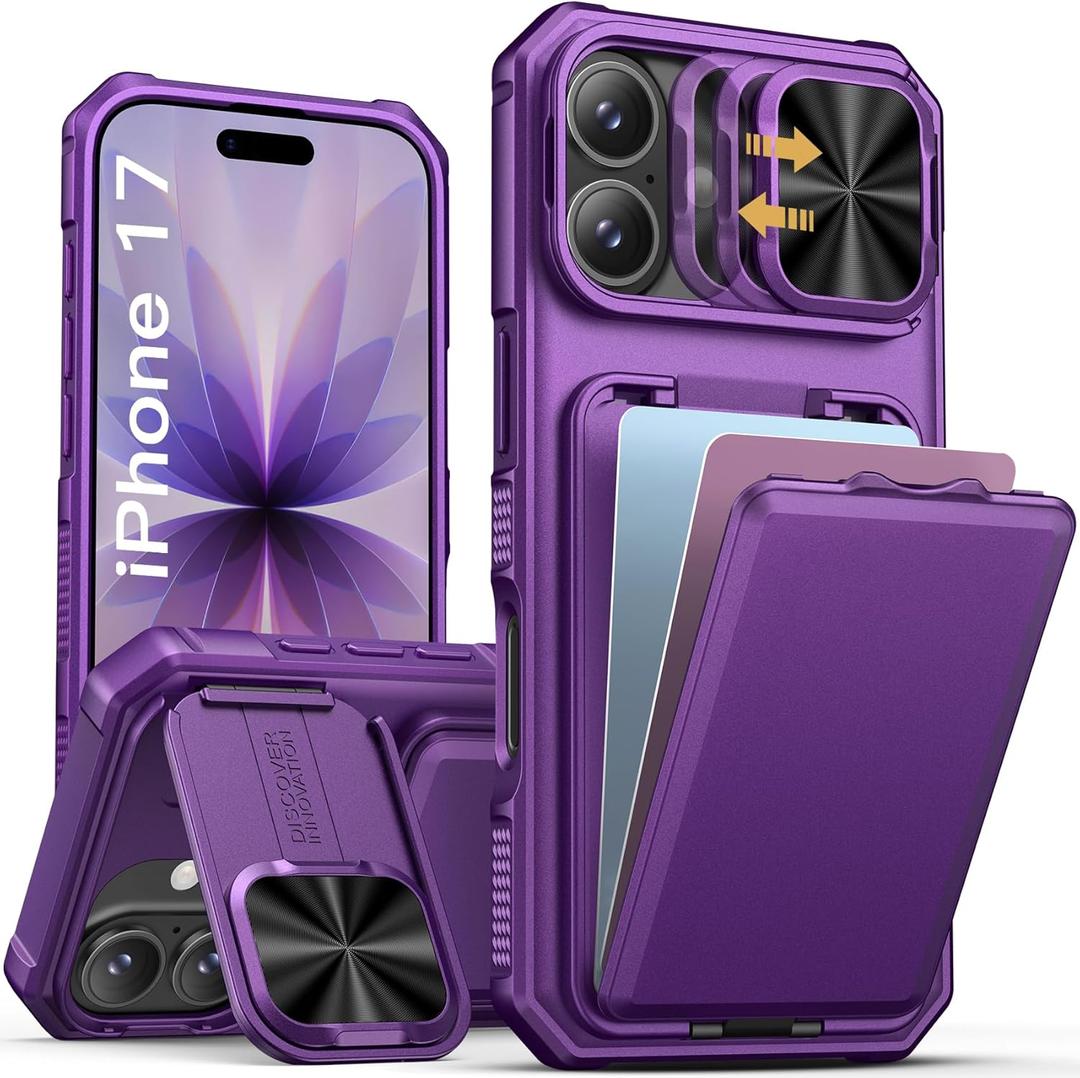 SSLOTSCASE for iPhone 17 Case with Card Holder & Sliding Camera Lens Cover & Hidden Kickstand & Camera Stand & Wallet, Hard Drop Protection Women Men Case Cover for iPhone 17 6.3'' 2025, Dark Purple
