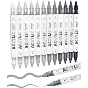 Guangna 12 Grey Dual Tip Acrylic Paint Markers, Brush Tip & Chisel Tip Acrylic Paint Pens for Rock, Wood, Glass, Paper, Coloring Book, Ceramic, Canvas, Water-Based Ink