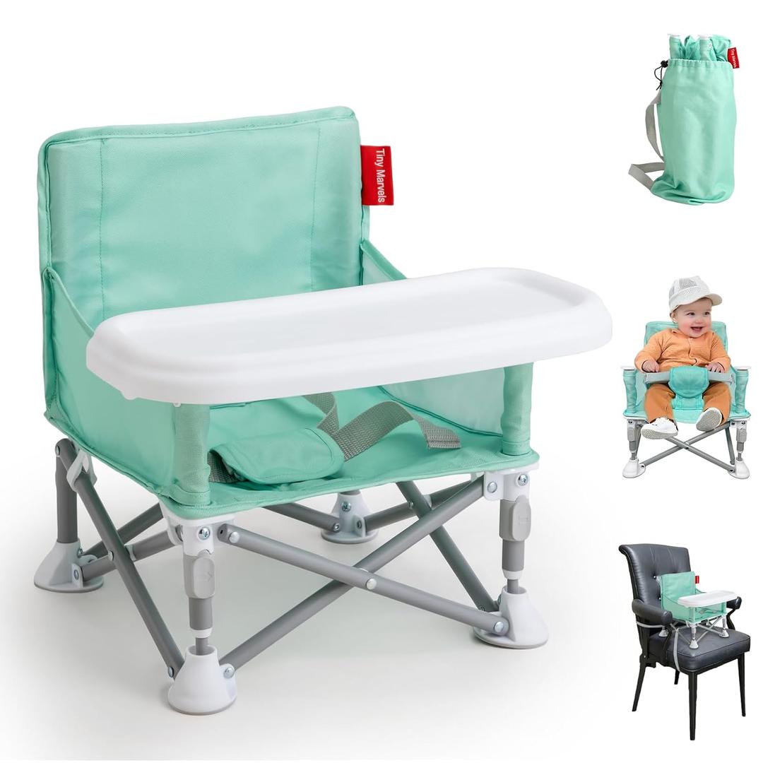 Tiny Marvels Portable Booster Seat, Foldable Baby High Chair with Removable Tray, Safety Harness & Carry Bag for Toddlers Ages 6M-3Y, Ideal for Dining, Travel, Camping & Family Time