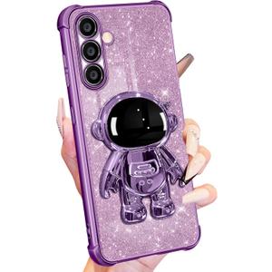 Buleens for Samsung Galaxy S24 Case for Women Girls Cute Astronaut Glitter Girly Sparkly Phone Cover with 6D Astronaut Hidden Stand Kickstand Design Sparkle Bling Cases for Samsung S24 6.2'' Purple
