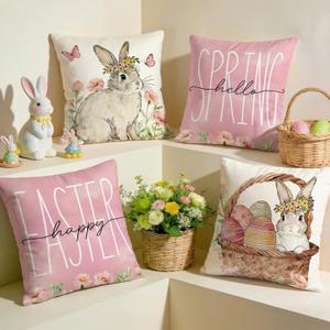 Amandir Easter Pillow Covers 18x18 Inch Set of 4, Easter Decorations Bunny Rabbit Pink Covers Floral Eggs Spring Cushion Case Throw Pillow for Sofa Couch Living Room Bed Holiday Home Decor