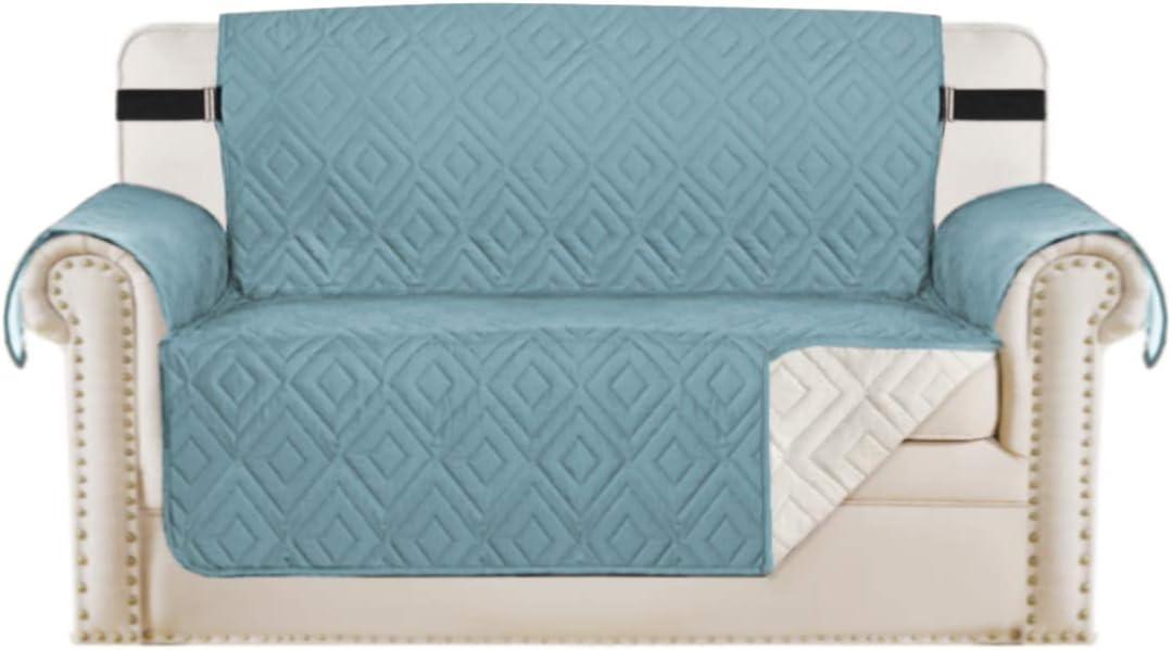 H.VERSAILTEX Reversible Loveseat Cover Furniture Protector Anti-Slip Water Resistant 2" Elastic Straps Couch Covers Pets Kids Fit Sitting Width Up to 46"(Love Seat: 75" x 90", Cameo Blue/Beige)