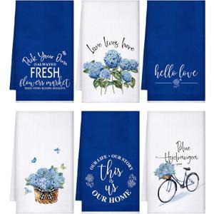 Geyoga 6 Pcs Hydrangea Kitchen Towels Blue Farmhouse Dish Hand Towels Absorbent Tea Washcloth for Spring Summer Kitchen Bathroom Home Decor, 16 x 24 Inch