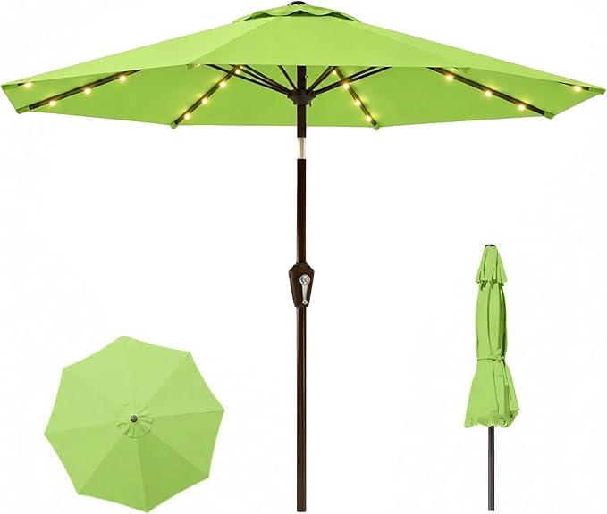 11FT Solar Lighted Patio Umbrella, Outdoor Table Market Umbrellas with Crank Lift, 32 LED Lights, 8 Sturdy Ribs, UV-Resistant for Deck, Garden, Pool, Apple Green