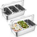 Ziliny 2 Pack Countertop Food Serving Display Container Stainless Steel Food Serving Tray Buffet Condiment Dispenser Display Rack with Clear Roll Top Cover for Buffet (3 Pan and 3 Pan)