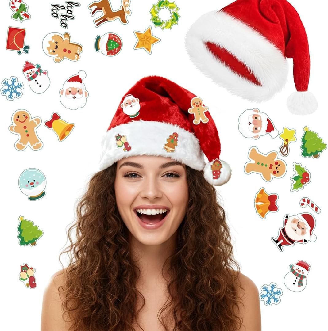Light Up Santa Hat, Led Christmas Hat, Santa Hats Adult with 20 Diy Stickers, for Xmas New Year Party (Classic Red Adult)