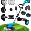 2025 Weed Wacker Cordless,1200W Brushless Electric Weed Eater with Removable Wheels Brush Cutter, 3 Blade Types Cordless Weed Eater, 2X 4.0Ah Batteries & Battery Indicator for Lawn & Garden