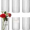 Glass Cylinder Vases Set of 6 Clear Ribbed Glass Vases for Flowers,6 inch Tall Modern Floating Candle Vase Decor, Decorative Hurricane Candle Holders for Home Wedding Table Centerpieces Decor