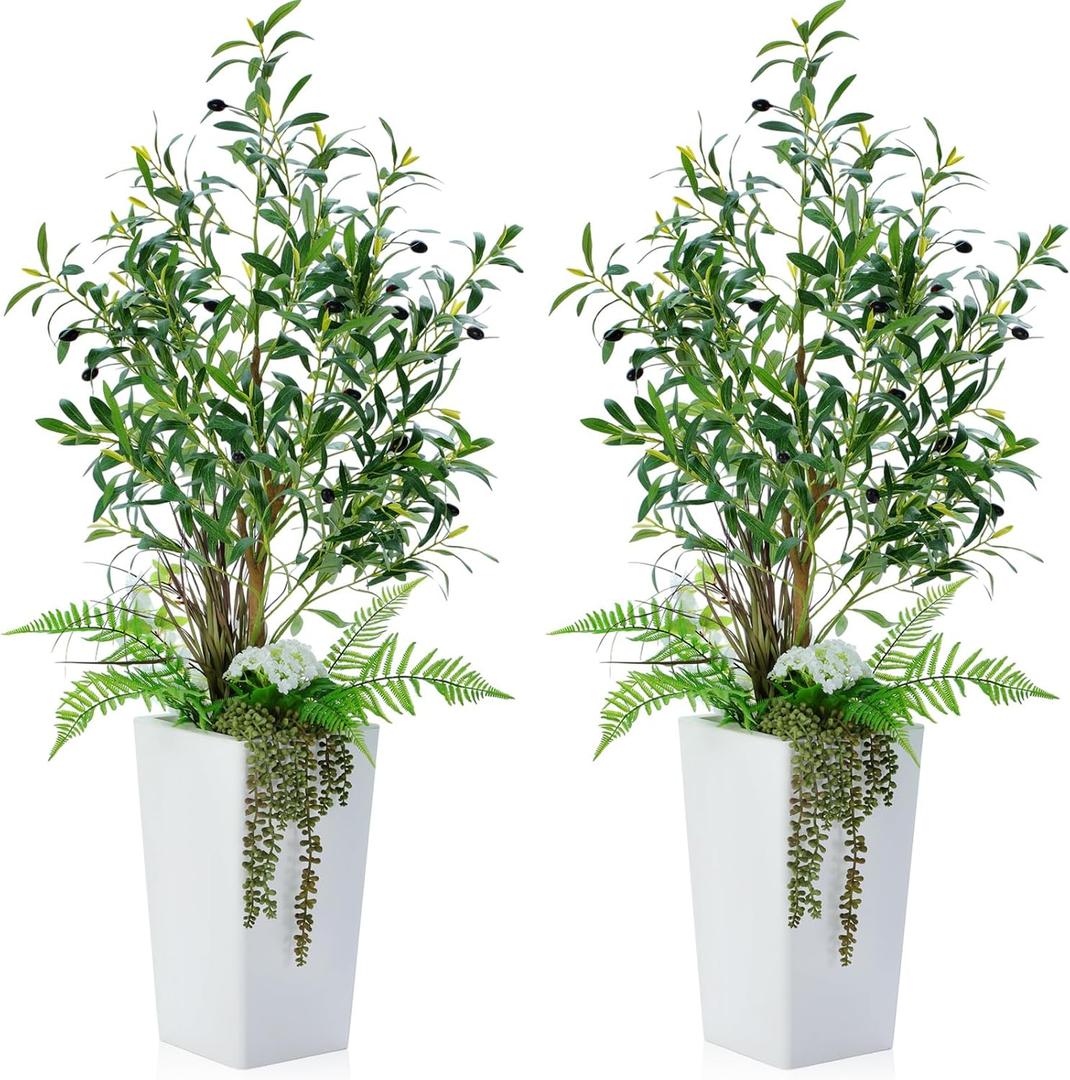 Giegxin 2 Pcs Artificial Olive Tree Combo 4ft Tall Faux Olive Trees with Tapered Planter & 5 Decorative Plants, UV Resistant Fake Floor Potted Plants for Indoor Outdoor Porch Home Office Decor (White)