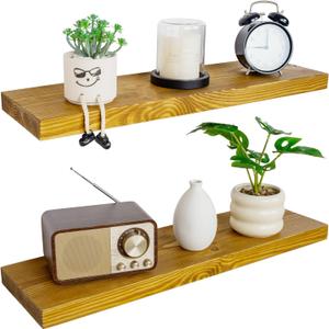 BGMG Wood Floating Shelves for Wall 30 inch Set of 2, Rustic Wooden Wall Mount Shelves for Living Room Bedroom Kitchen Farmhouse 2-30x6.7x1.25 inch- Gold Oak