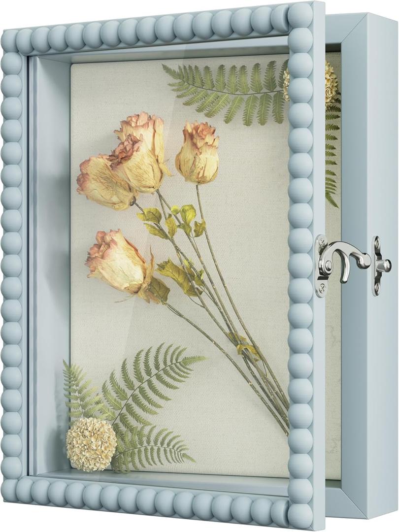 Love-KANKEI Shadow Box Frame 8x10,Wood Deep Shadow Box Display Case with Unique Beads Door and Glass Window, Memory Box Gift for Pictures, Medals, Memorabilia, Collections Blue