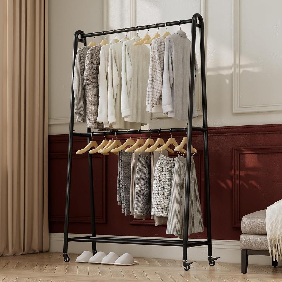 Heavy duty clothes rack,Double Rods Clothing Rack with Wheels,Rolling garment racks for hanging clothes for bedroom Living room Boutique (black)
