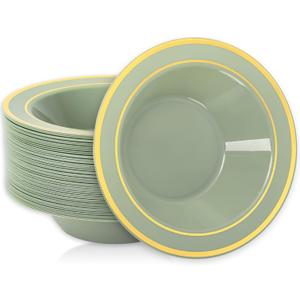 Whaline 5Pcs Sage Green Plastic Bowl with Gold Rim 12 Oz Disposable Soup Bowl Dessert Serving Bowls for Wedding Birthday Bride Shower Party Supplies Table Decor