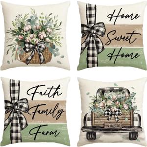 AVOIN colorlife Home Sweet Home Farmhouse Eucalyptus Leaves Throw Pillow Covers, 18 x 18 Inch Truck Stripes Buffalo Plaid Cushion Case Decorations Set of 4 (Green)