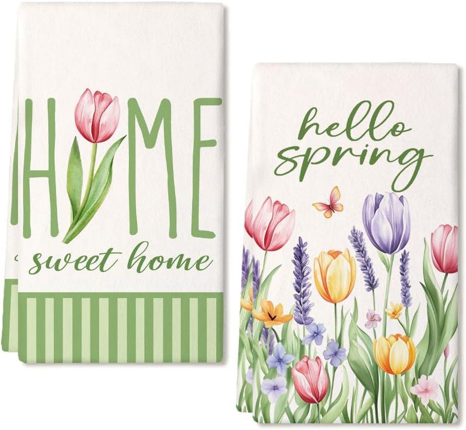 Tulip Hello Spring Kitchen Towels Set of 2,Green Floral Dish Hand Towels Farmhouse Indoor Outdoor Holiday Seasonal Decorations DD094 (Pink)