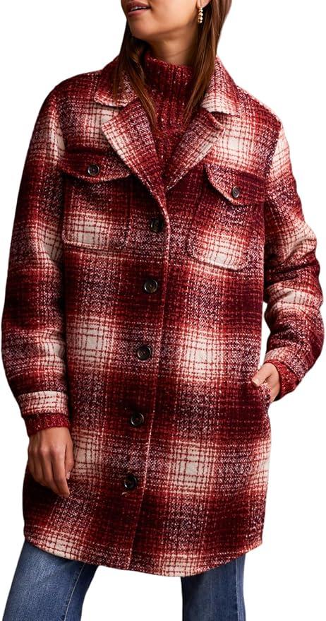 Tribal Women's Boucle Plaid Jacket Flap-Top Patch Chest Pockets with Notch Collar, Port Wine, M 