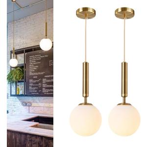 Modern Ceiling Lights Battery Operated Pendant Lights Set of 2,Gold Battery Chandelier with Wireless Remote Dimmable,10 Colors Modes Rechargeable Bulb for Kitchen,Dining Room,Living Room,Bedroom