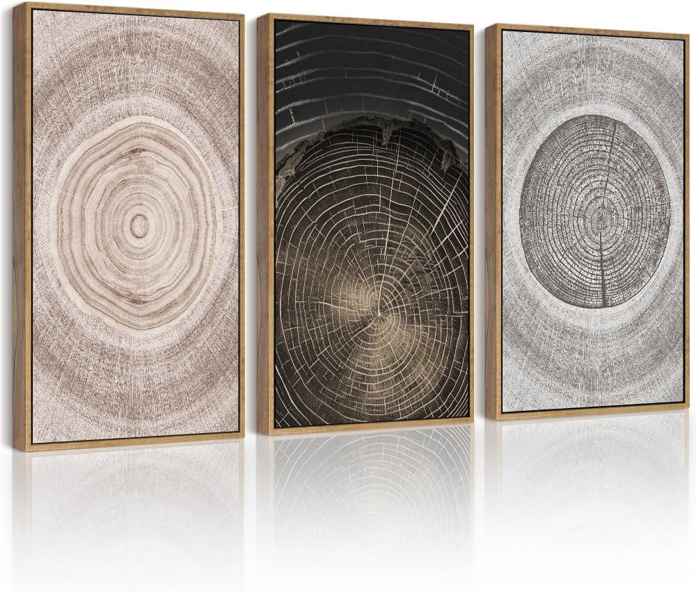 PHOPAGO Vintage Wood Tree Rings Wall Art 16x24in Farmhouse Rustic Framed Canvas Paintings Living Room Bedroom Decor Nature Artwork Natural Framed