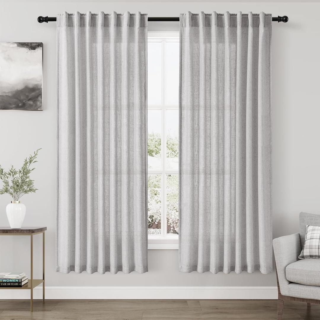 White Linen Curtains 84 inches Long for Bedroom Back Tab Light Filtering Privacy Sheer Grey Curtains Modern Farmhouse Coastal Decor White Cotton Textured Gauze Curtain for Living Room 2 Panels