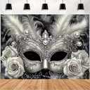 Masquerade Happy Birthday Backdrop Black Sliver Masquerade Party Photography Background Silver Mask White Rose Backdrop for Fiesta Mardi Gras Event Dance Photo Background (Black, 7x5feet)