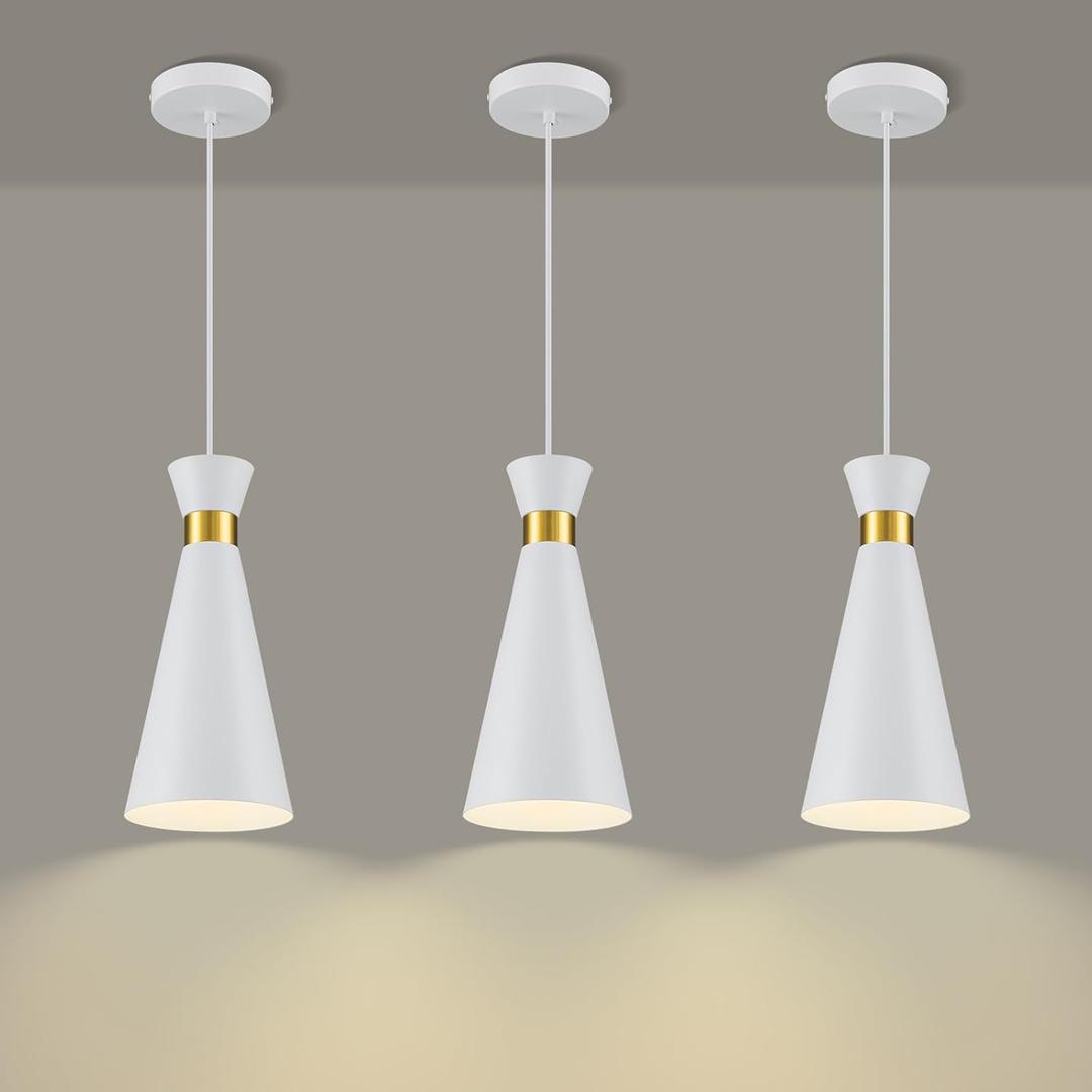 2026 New Mid Century Modern Pendant Lights Kitchen Island 3 Pack, 5.9"D x 13"H Cone Shape, Brass Gold & White Pendant Light Fixtures, Island Lights Kitchen Pendant Lighting over Sink Dining Room