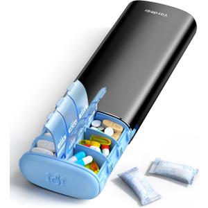 Vaydeer Metal 7 Day Pill Organizer 2 Times a Day  AM PM Weekly Travel Pill Case with Moisture-Proof Desiccant, Airtight Large Capacity Pill Box for Vitamins, Medications & Supplements (Black)